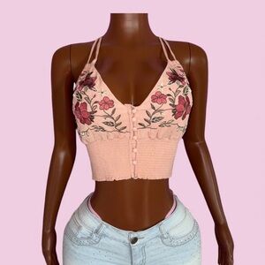 Floral Embroidered Pink Crop Top